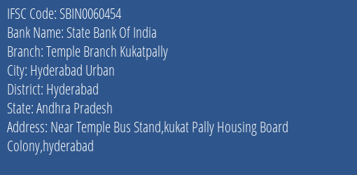 State Bank Of India Temple Branch, Kukatpally Branch IFSC Code