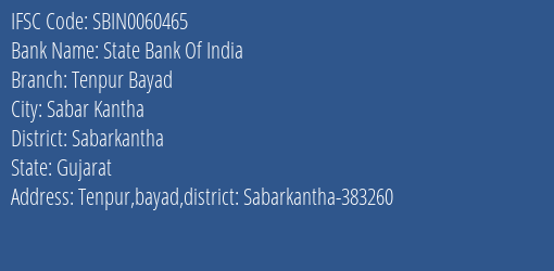 State Bank Of India Tenpur Bayad Branch, Branch Code 060465 & IFSC Code SBIN0060465
