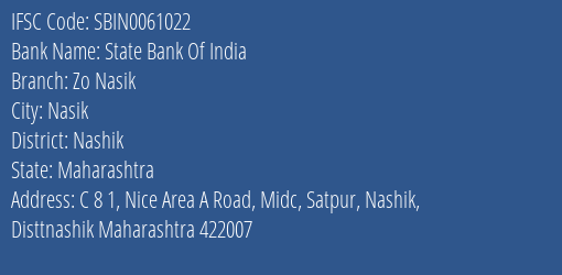 State Bank Of India Zo Nasik Branch Nashik IFSC Code SBIN0061022