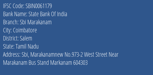State Bank Of India Sbi Marakanam Branch, Branch Code 061179 & IFSC Code Sbin0061179