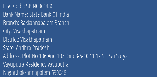 State Bank Of India Bakkannapalem Branch Branch Visakhapatnam IFSC Code SBIN0061486