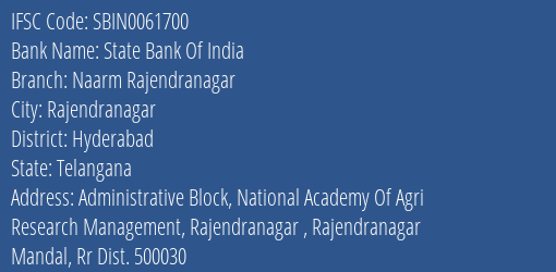 State Bank Of India Naarm Rajendranagar Branch Hyderabad IFSC Code SBIN0061700