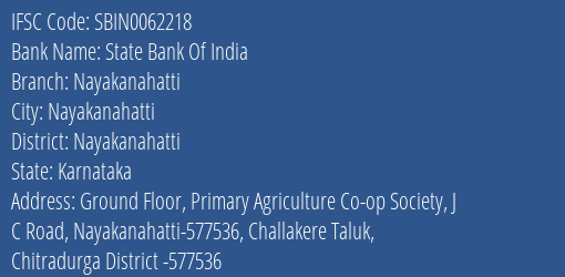 State Bank Of India Nayakanahatti Branch, Branch Code 062218 & IFSC Code Sbin0062218