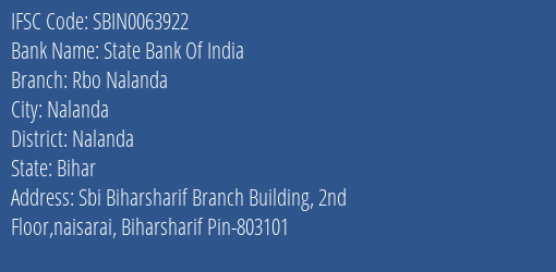 State Bank Of India Rbo Nalanda Branch Nalanda IFSC Code SBIN0063922