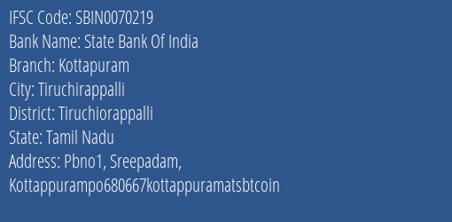 State Bank Of India Kottapuram Branch, Branch Code 070219 & IFSC Code Sbin0070219
