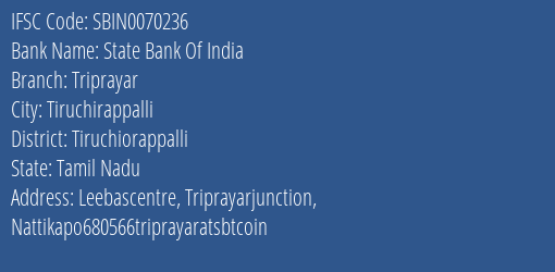 State Bank Of India Triprayar Branch Tiruchiorappalli IFSC Code SBIN0070236