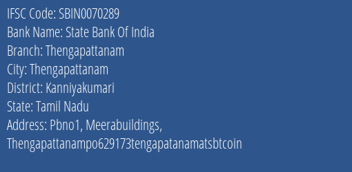 State Bank Of India Thengapattanam Branch Kanniyakumari IFSC Code SBIN0070289
