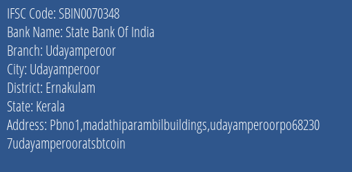 State Bank Of India Udayamperoor Branch, Branch Code 070348 & IFSC Code Sbin0070348
