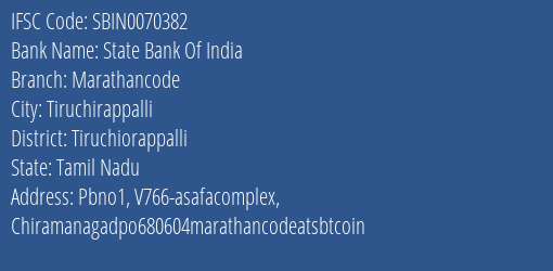 State Bank Of India Marathancode Branch Tiruchiorappalli IFSC Code SBIN0070382