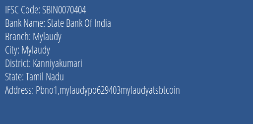 State Bank Of India Mylaudy Branch, Branch Code 070404 & IFSC Code Sbin0070404