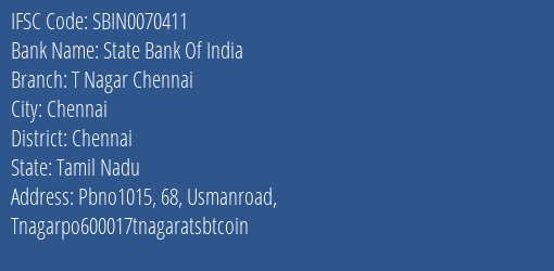 State Bank Of India T Nagar Chennai Branch Chennai IFSC Code SBIN0070411