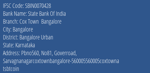 State Bank Of India Cox Town Bangalore Branch Bangalore Urban IFSC Code SBIN0070428