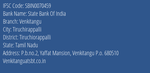 State Bank Of India Venkitangu Branch, Branch Code 070459 & IFSC Code Sbin0070459