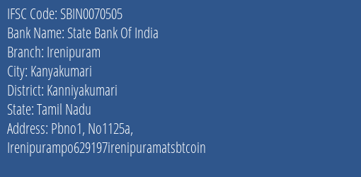 State Bank Of India Irenipuram Branch Kanniyakumari IFSC Code SBIN0070505