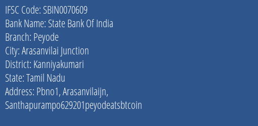 State Bank Of India Peyode Branch Kanniyakumari IFSC Code SBIN0070609