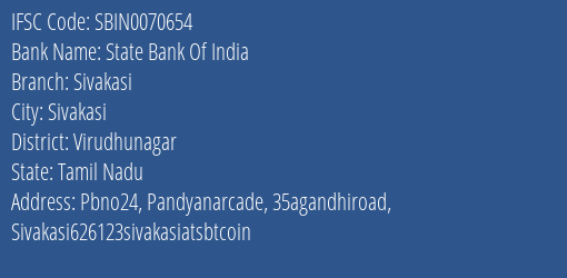 State Bank Of India Sivakasi Branch Virudhunagar IFSC Code SBIN0070654