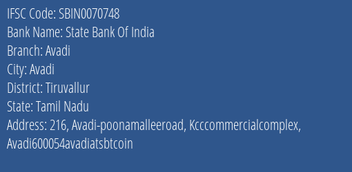 State Bank Of India Avadi Branch Tiruvallur IFSC Code SBIN0070748