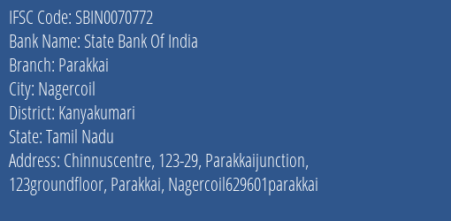 State Bank Of India Parakkai Branch Kanyakumari IFSC Code SBIN0070772