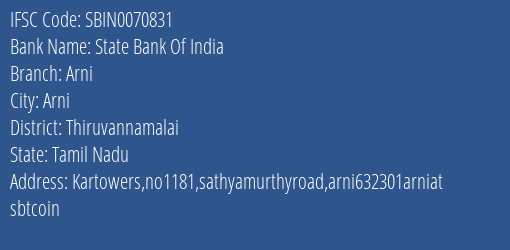 State Bank Of India Arni Branch Thiruvannamalai IFSC Code SBIN0070831