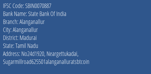 State Bank Of India Alanganallur Branch, Branch Code 070887 & IFSC Code Sbin0070887