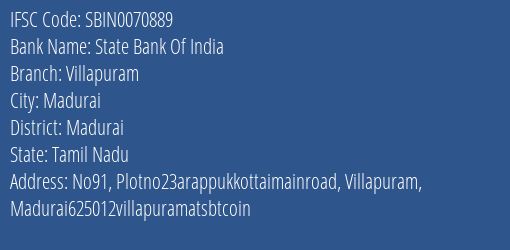 State Bank Of India Villapuram Branch Madurai IFSC Code SBIN0070889