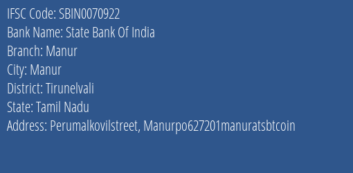 State Bank Of India Manur Branch Tirunelvali IFSC Code SBIN0070922