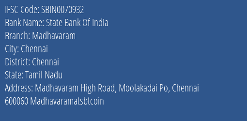 State Bank Of India Madhavaram Branch Chennai IFSC Code SBIN0070932
