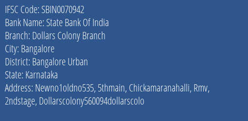 State Bank Of India Dollars Colony Branch Branch Bangalore Urban IFSC Code SBIN0070942
