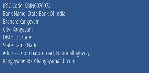 State Bank Of India Kangeyam Branch Erode IFSC Code SBIN0070972