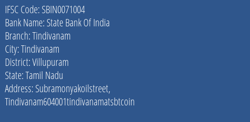 State Bank Of India Tindivanam Branch, Branch Code 071004 & IFSC Code Sbin0071004