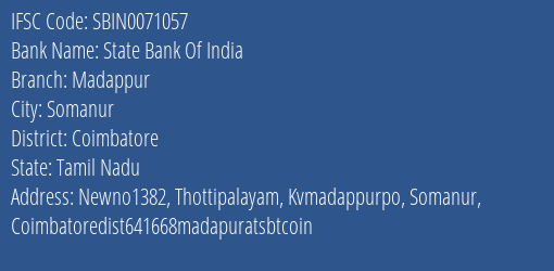 State Bank Of India Madappur Branch, Branch Code 071057 & IFSC Code Sbin0071057