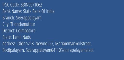 State Bank Of India Seerappalayam Branch Coimbatore IFSC Code SBIN0071062