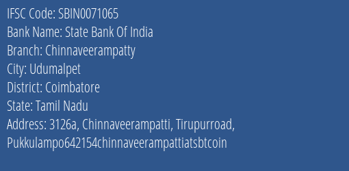 State Bank Of India Chinnaveerampatty Branch, Branch Code 071065 & IFSC Code Sbin0071065