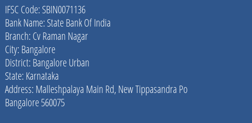 State Bank Of India Cv Raman Nagar Branch Bangalore Urban IFSC Code SBIN0071136
