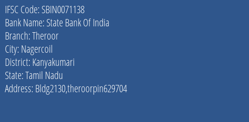 State Bank Of India Theroor Branch Kanyakumari IFSC Code SBIN0071138