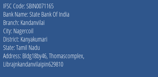 State Bank Of India Kandanvilai Branch Kanyakumari IFSC Code SBIN0071165
