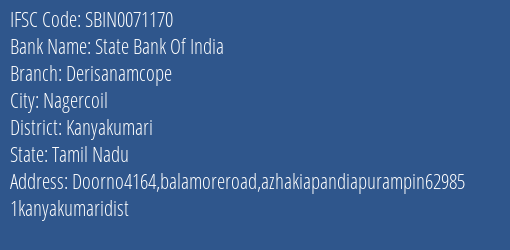 State Bank Of India Derisanamcope Branch Kanyakumari IFSC Code SBIN0071170