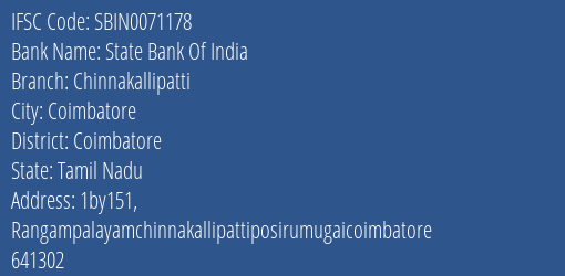 State Bank Of India Chinnakallipatti Branch Coimbatore IFSC Code SBIN0071178