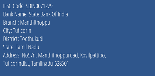 State Bank Of India Manthithoppu Branch Toothukudi IFSC Code SBIN0071229