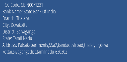 State Bank Of India Thalaiyur Branch, Branch Code 071231 & IFSC Code Sbin0071231