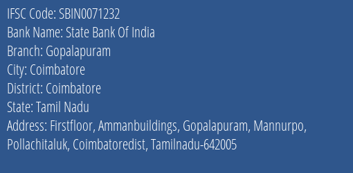 State Bank Of India Gopalapuram Branch Coimbatore IFSC Code SBIN0071232