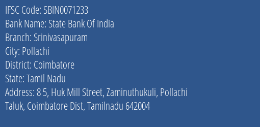 State Bank Of India Srinivasapuram Branch Coimbatore IFSC Code SBIN0071233