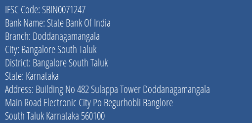 State Bank Of India Doddanagamangala Branch, Branch Code 071247 & IFSC Code SBIN0071247