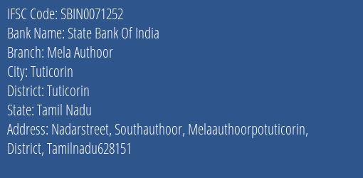 State Bank Of India Mela Authoor Branch Tuticorin IFSC Code SBIN0071252