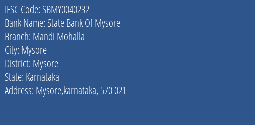 State Bank Of Mysore Mandi Mohalla Branch IFSC Code