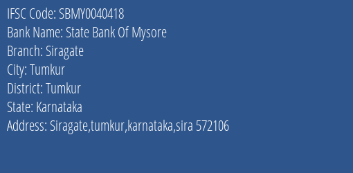 State Bank Of Mysore Siragate Branch, Branch Code 040418 & IFSC Code SBMY0040418