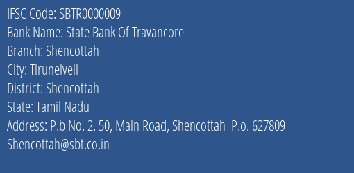 State Bank Of Travancore Shencottah Branch Shencottah IFSC Code SBTR0000009