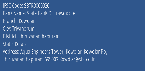 State Bank Of Travancore Kowdiar Branch, Branch Code 000020 & IFSC Code SBTR0000020