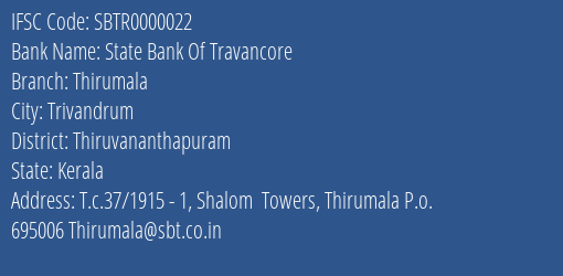 State Bank Of Travancore Thirumala Branch, Branch Code 000022 & IFSC Code SBTR0000022
