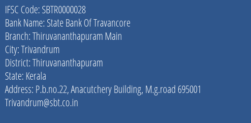 State Bank Of Travancore Thiruvananthapuram Main Branch, Branch Code 000028 & IFSC Code SBTR0000028